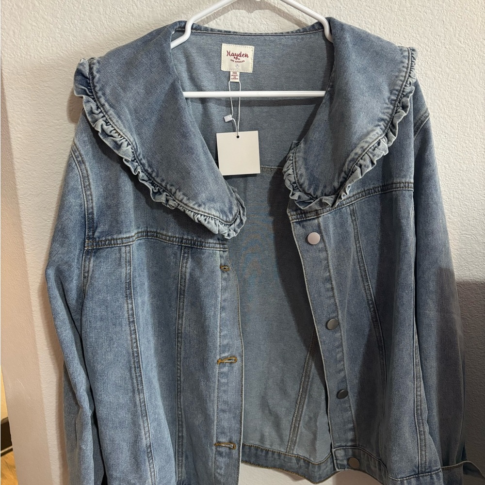 Ruffled Collar Denim Jacket - Light Blue
